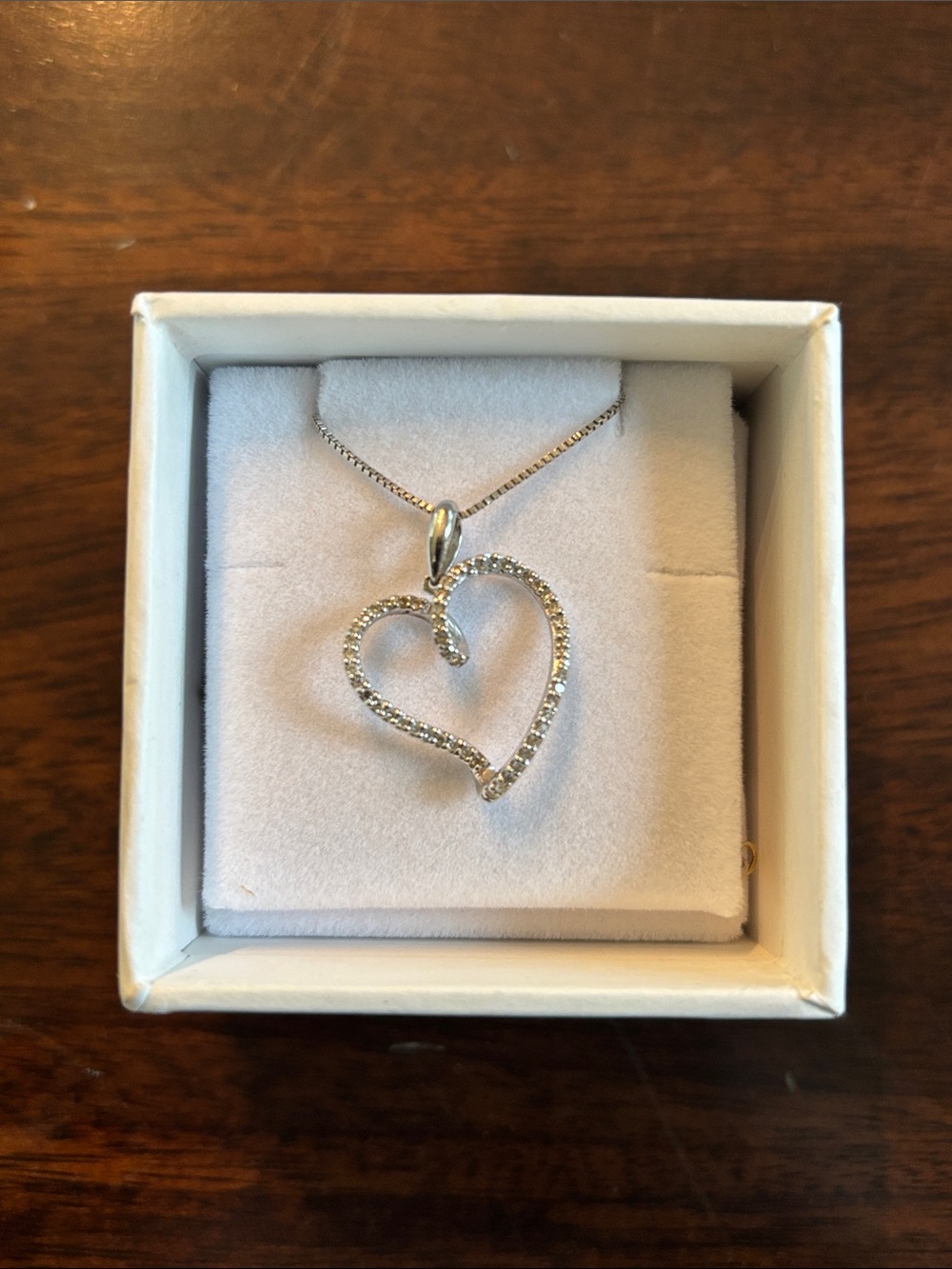 14k white gold open heart diamond pave pendant necklace